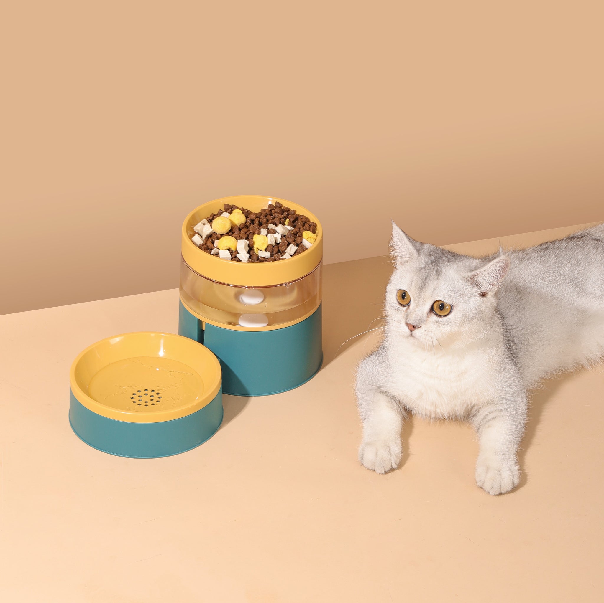 Double Cat Bowls - 2 in 1 Automatic Pet Feeder,Detachable Gravity Water Dispenser and Food Bowl Set for Cats/ Puppies,Upgrade Design Anti Vomiting Raised Cat Bowls-Green