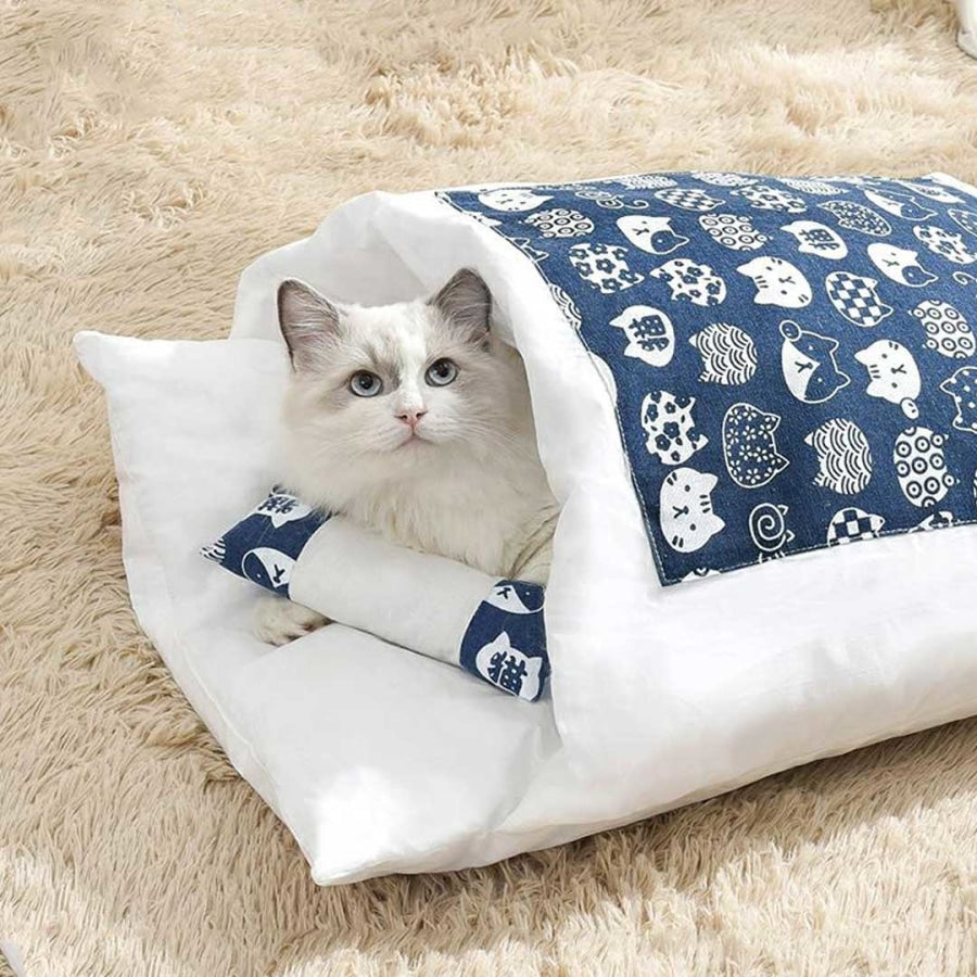 Cute Cat Sleeping Bag - Self-Warming Kitty Sack Blue Kitties / Small (For Kittens 4 Lbs)