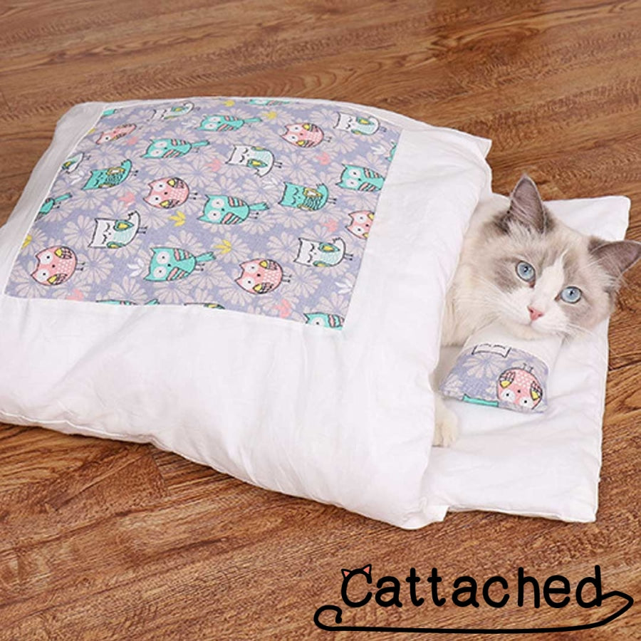 Cute Cat Sleeping Bag - Self-Warming Kitty Sack Counting Owls / Small (For Kittens 4 Lbs)