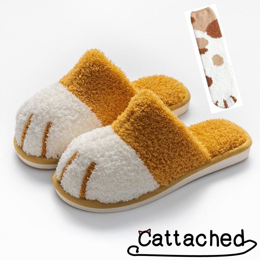 Indoor Cat Paw Slippers Yellow With Sock / 36